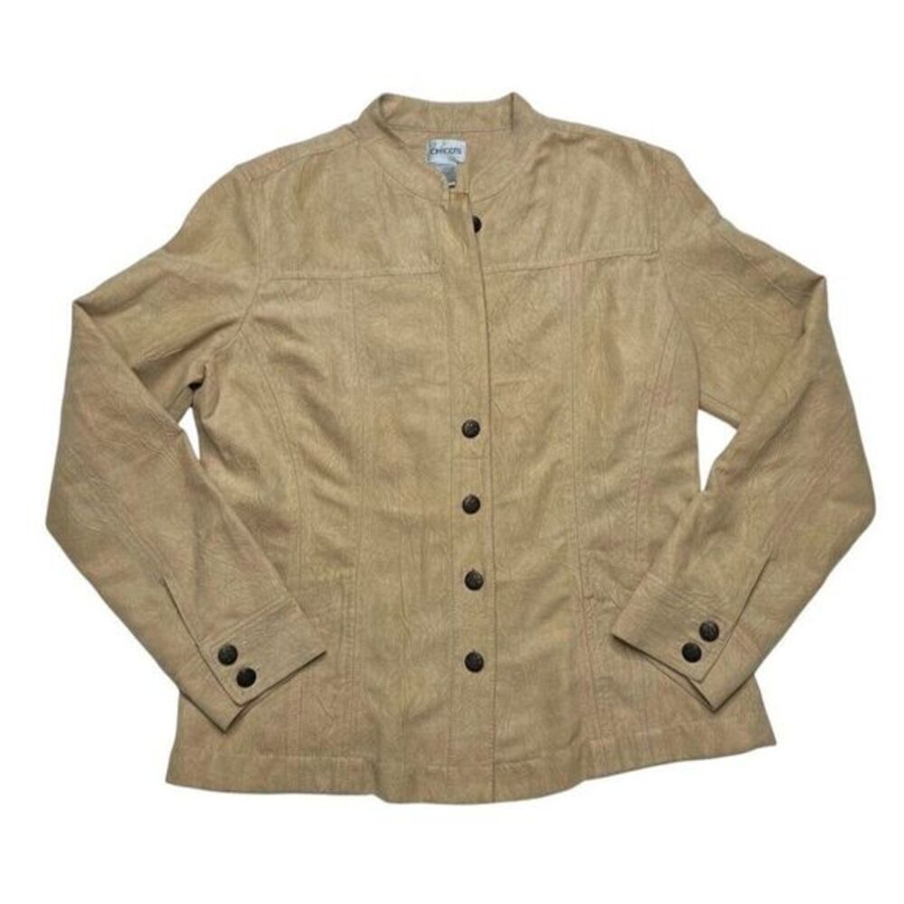 CHICOS Faux Suede Beige Mandarin Collar Jacket Sz‎ 1 Medium 8